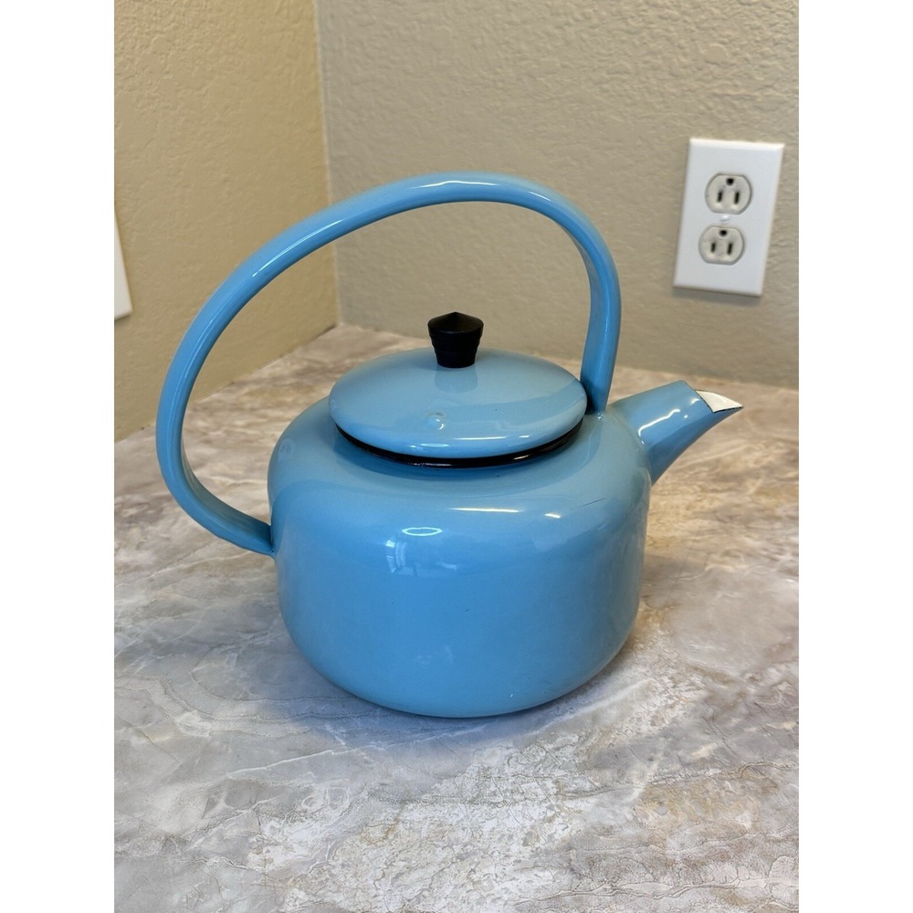 Vintage Blue Enamel Tea Kettle Stovetop Pot Mid Century Farmhouse Decor - Picture 2 of 12